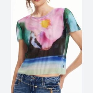 B14. Desigual Multicolor Floral Short Sleeve Pleated Top - Size Large